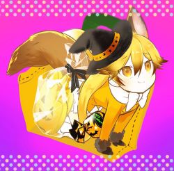 Rule 34 | 1girl, :&lt;, all fours, animal ears, bag, black hat, bow, bowtie, brown fur, brown gloves, brown hair, commentary request, extra ears, ezo red fox (kemono friends), fox ears, fox girl, fox tail, fur trim, gloves, hair between eyes, halloween, hat, in bag, in container, jacket, kemono friends, long hair, long sleeves, multicolored hair, nan okitsune, orange eyes, orange hair, orange jacket, pleated skirt, skirt, solo, tail, transparent, white bow, white bowtie, white skirt, witch hat