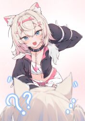 Rule 34 | 2girls, absurdres, airenif, animal ear fluff, animal ears, arm behind head, belt, belt collar, black collar, black jacket, blonde hair, blue eyes, blue hair, blush, breasts, collar, cropped jacket, cropped shirt, dog ears, dog girl, fang, fur-trimmed jacket, fur trim, fuwamoco, fuwawa abyssgard, hair ornament, highres, hololive, hololive english, jacket, long hair, looking at another, medium hair, mococo abyssgard, mococo abyssgard (1st costume), multicolored hair, multiple girls, open mouth, pink belt, pink hair, shirt, shorts, siblings, sisters, skin fang, small breasts, spiked collar, spikes, streaked hair, twins, virtual youtuber, white shirt, white shorts, x hair ornament