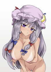 Rule 34 | 1girl, alternate costume, arm under breasts, bare shoulders, bikini, bikini tan, blunt bangs, blunt tresses, bow, breasts, completely nude, cowboy shot, crescent, crescent hat ornament, hair bow, hair ribbon, hat, hat ornament, highres, large breasts, leaning forward, long hair, looking at viewer, mob cap, navel, nipples, nude, ohkey now, patchouli knowledge, purple eyes, purple hair, ribbon, simple background, solo, swimsuit, tan, tanline, touhou, tress ribbon, very long hair, white background