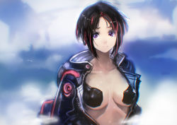 Rule 34 | 1girl, absurdres, black hair, breasts, cleavage, collarbone, covered erect nipples, highres, jacket, looking at viewer, medium breasts, multicolored hair, okuto, open clothes, open jacket, original, purple eyes, red hair, short hair, smile, solo, standing, two-tone hair, upper body