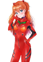 Rule 34 | 1girl, :3, bad id, bad pixiv id, blue eyes, blush, bodysuit, breasts, brown hair, closed mouth, commentary request, cowboy shot, hair between eyes, hand on own hip, hand up, highres, interface headset, kubong, long hair, looking at viewer, neon genesis evangelion, pilot suit, plugsuit, red bodysuit, simple background, small breasts, solo, souryuu asuka langley, standing, two side up, white background