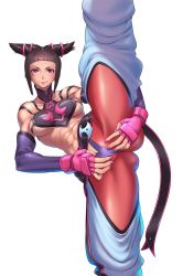 Rule 34 | 1girl, abs, ass, bad id, bad pixiv id, breasts, brown hair, capcom, cosine, detached sleeves, drill hair, elbow gloves, fingerless gloves, flexible, gloves, halterneck, han juri, highres, leg up, medium breasts, nail polish, pink eyes, pink nails, short hair, sideboob, solo, split, standing, standing on one leg, street fighter, street fighter iv (series), twin drills