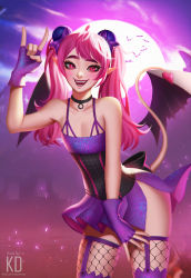 Rule 34 | 1girl, :d, \m/, artist name, bare shoulders, blush, choker, commentary, commission, cowboy shot, dress, english commentary, fangs, flat chest, gloves, highres, kd chan, looking at viewer, moon, open mouth, original, pink eyes, pink hair, purple dress, purple gloves, purple sky, short dress, side slit, sky, smile, solo, teeth, thighhighs, twintails, wings