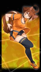 Rule 34 | 1girl, ahoge, alternate costume, animal ears, antenna hair, blazblue, bracelet, breasts, brown eyes, brown hair, casual, choker, cleavage, happy, highres, jewelry, large breasts, looking at viewer, makoto nanaya, multicolored hair, orange shirt, revealing clothes, shirt, shoes, short hair, shorts, smile, sneakers, solo, squirrel ears, squirrel tail, t-shirt, tail, thighhighs, tusia, two-tone hair, underwear, zettai ryouiki