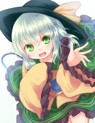 Rule 34 | 1girl, :d, baram, black hat, bow, commentary request, floral print, frilled shirt collar, frills, green eyes, green hair, green skirt, hair between eyes, hands up, hat, hat bow, heart, heart of string, komeiji koishi, long sleeves, looking at viewer, open mouth, shirt, short hair, simple background, skirt, sleeves past fingers, sleeves past wrists, smile, solo, third eye, touhou, white background, wide sleeves, yellow bow, yellow shirt