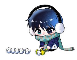 Rule 34 | 1boy, bannhaws2, blue coat, blue eyes, blue hair, blue scarf, blush, chibi, coat, commentary request, covered mouth, earmuffs, eoduun badaui deungbul-i doeeo, full body, heterochromia, holding, korean commentary, long sleeves, male focus, pants, park moo-hyun, scarf, short hair, simple background, snowball, snowball scooper, solo, white background, white pants, winter clothes