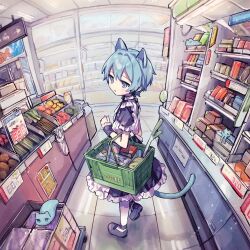 Rule 34 | 1boy, :o, animal ears, apron, black footwear, blue eyes, blue hair, cat boy, cat ears, cat tail, ceiling light, convenience store, dress, duplicate, extra ears, food, frills, indoors, lossy-lossless, maid apron, male focus, misskey.io, murakami-san (misskey.io), neoki ohae, pantyhose, pixel-perfect duplicate, price, puffy short sleeves, puffy sleeves, shelf, shoes, shop, shopping, shopping basket, short hair, short sleeves, solo, spring onion, standing, standing on one leg, tail, trap, webp-to-png conversion, white pantyhose, wrist cuffs