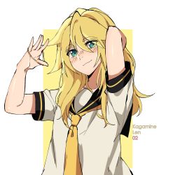 Rule 34 | 1boy, aqua eyes, arm behind head, bad id, bad twitter id, black collar, blonde hair, blush, character name, collar, commentary, ei flow, english commentary, hair tie, hands up, highres, holding, kagamine len, long hair, looking at viewer, male focus, necktie, sailor collar, school uniform, shirt, short sleeves, smile, upper body, vocaloid, white shirt, yellow neckwear