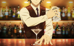 Rule 34 | 1boy, bar (place), bar stool, bartender, bartender (series), black hair, blurry, blurry background, bottle, cocktail glass, cup, drinking glass, facing viewer, head out of frame, highres, key visual, long sleeves, necktie, official art, promotional art, sasakura ryuu, shirt, smile, solo, stool, vest, white shirt