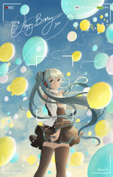 Rule 34 | 1girl, 2022, absurdres, balloon, birthday, black thighhighs, commentary, detached sleeves, english commentary, green eyes, green hair, hair between eyes, hatsune miku, highres, kampher (yekxiong), long hair, looking at viewer, mixed-language commentary, recording, smile, solo, thighhighs, twintails, vocaloid