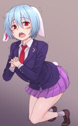 Rule 34 | 1girl, animal ears, blazer, blue hair, brown footwear, collared shirt, commentary, floppy ears, gradient background, grey background, grey socks, highres, jacket, kakone, long sleeves, looking at viewer, necktie, open mouth, own hands together, pleated skirt, purple skirt, rabbit ears, rabbit girl, rabbit tail, red necktie, reisen (touhou bougetsushou), shirt, short hair, skirt, socks, solo, tail, teeth, touhou, upper teeth only, white shirt
