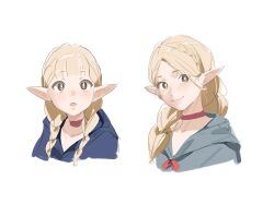 Rule 34 | 1girl, blonde hair, blue coat, blunt bangs, braid, choker, coat, commentary, cropped shoulders, dungeon meshi, elf, green eyes, hair over shoulder, highres, light blush, looking at viewer, marcille donato, multiple views, open mouth, pointy ears, red choker, simple background, smile, twintails, white background, yi shin jian