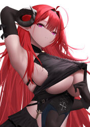 Rule 34 | 1girl, absurdres, ahoge, arm behind head, arm up, armpits, azur lane, black horns, breasts, center cross lace, center frills, cleavage, clothes lift, clothing cutout, covered navel, curled horns, demon wings, elbow gloves, frills, from below, gloves, hair intakes, highres, hindenburg (azur lane), horns, index finger raised, large breasts, lifting own clothes, looking at viewer, mole, mole under eye, parted lips, pink eyes, pink pupils, red hair, sawtooth, shirt lift, slit, solo, underboob, underboob cutout, upper body, white background, wings