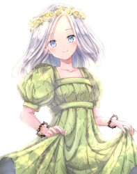 1girl absurdres blue_eyes bracelet clothes_lift commentary dragon_quest dragon_quest_x dress dress_lift floating_hair green_dress head_tilt head_wreath highres illusia_(dq10) jewelry looking_at_viewer medium_hair parted_hair puffy_short_sleeves puffy_sleeves short_sleeves smile solo thorns ukiukikiwi2525 white_background white_hair