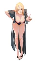 Rule 34 | 1girl, bare legs, bent over, blonde hair, breasts, cleavage, closed mouth, commentary, commission, facial mark, forehead mark, full body, high heels, index finger raised, large breasts, leaning forward, long hair, long legs, looking at viewer, naruto, naruto (series), nikusenpai, no socks, open clothes, open robe, parted bangs, pigeon-toed, robe, sandals, simple background, smile, solo, standing, tsunade (naruto), wedge heels, white background, yellow eyes
