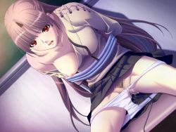 Rule 34 | 1girl, alea, asao ren, black skirt, bound, bra strap, breasts, brown hair, censored, clothes lift, collarbone, female pubic hair, floating hair, game cg, hair intakes, ino (magloid), leaning forward, long hair, long sleeves, male pubic hair, miniskirt, mosaic censoring, nipples, official art, one breast out, open mouth, panties, panty pull, pleated skirt, pubic hair, pussy juice, red eyes, restrained, shirt, sitting, skirt, skirt lift, solo, sweatdrop, underwear, very long hair, vibrator cord, wavy mouth, white panties, white shirt
