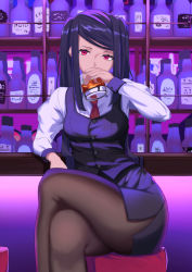 Rule 34 | 1girl, alcohol, bar (place), bartender, bench, bl/ess, bottle, cup, drinking, drinking glass, highres, ice, ice cube, jill stingray, crossed legs, necktie, pantyhose, purple hair, red eyes, sitting, solo, solo focus, twintails, va-11 hall-a, wine bottle