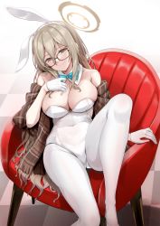 Rule 34 | 1girl, absurdres, akahito, akane (blue archive), akane (bunny) (blue archive), animal ears, blonde hair, blue archive, blue bow, bow, breasts, chair, collarbone, detached collar, fake animal ears, glasses, gloves, halo, head tilt, highres, large breasts, leotard, long hair, looking at viewer, off shoulder, official alternate costume, pantyhose, playboy bunny, sitting, skindentation, smile, solo, white gloves, white leotard, white pantyhose