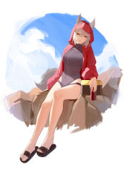Rule 34 | 1girl, absurdres, animal ears, arknights, bare legs, barefoot, black one-piece swimsuit, can, commentary request, darling0221, drink can, ears through headwear, feet, grey hair, hat, highres, holding, holding can, hood, hood up, jacket, legs, long sleeves, looking at viewer, official alternate costume, one-piece swimsuit, parted lips, projekt red (arknights), projekt red (light breeze) (arknights), red hood, red jacket, rock, sandals, short hair, sitting, soda can, soles, solo, swimsuit, tail, thigh strap, toes, white background, wolf ears, wolf girl, wolf tail, yellow eyes
