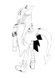 Rule 34 | 1girl, asymmetrical legwear, demon girl, demon horns, demon tail, emma august, fang, female focus, from behind, highres, horns, jacket, jacket on shoulders, long hair, looking back, military jacket, mismatched legwear, monochrome, nijisanji, open mouth, pointy ears, satsuyo, shoes, sketch, solo, tail, virtual youtuber