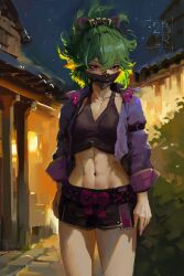 Rule 34 | 1girl, abs, absurdres, artist name, black mask, breasts, building, bush, canvas (medium), city lights, collarbone, commentary, crop top, cropped jacket, faux traditional media, genshin impact, green hair, hair between eyes, hair ornament, highres, impasto, jacket, kuki shinobu, long hair, looking at viewer, mask, medium breasts, midriff, mouth mask, navel, night, night sky, ninja mask, outdoors, painterly, ponytail, purple eyes, purple jacket, purple rope, ravine bells, rope, short shorts, shorts, sky, solo, standing, star (sky), starry sky, upper body