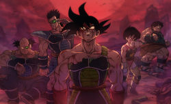 Rule 34 | armor, bardock, bleeding, blood, blood on face, blood on clothes, blood on hands, bodysuit, boriroba, breastplate, broken, broken armor, bruise, bruise on face, bruised eye, clenched teeth, dirty, dragon ball, dragonball z, highres, injury, monkey tail, panbukin (dragon ball), pauldrons, red sky, saiyan, saiyan armor, scouter, scratches, seripa, shoulder armor, sky, tail, teeth, toma (dragon ball), torn bodysuit, torn clothes, toteppo