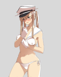 Rule 34 | 10s, 1girl, bikini, blonde hair, blush, breasts, cosplay, covered erect nipples, eight tohyama, gloves, graf zeppelin (kancolle), grey eyes, hat, highres, kantai collection, long hair, navel, open mouth, peaked cap, sailor bikini, sailor collar, smile, solo, swimsuit, twintails, white bikini, z3 max schultz (kancolle), z3 max schultz (kancolle) (cosplay)