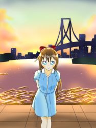 Rule 34 | 1girl, aqua dress, aqua eyes, aqua shirt, aqua skirt, arms behind back, artist name, artist request, bare legs, blue eyes, blush, bow, breasts, bridge, brown hair, buttons, city, city lights, cloud, collared shirt, dress, dress shirt, female focus, hair between eyes, hair bow, half updo, high ponytail, long hair, looking at viewer, love live!, love live! nijigasaki high school idol club, love live! school idol festival, miniskirt, ocean, osaka shizuku, outdoors, parted lips, plaid, plaid skirt, pleated, pleated skirt, ponytail, purple eyes, red bow, ribbon, shirt, short sleeves, skirt, sky, small breasts, smile, solo, sunset, white ribbon, wing collar