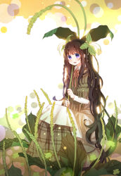 Rule 34 | 1girl, bad id, bad pixiv id, braid, brown hair, dress, leaf, long hair, open mouth, original, purple eyes, sitting, smile, solo, xiao guiling