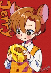 Rule 34 | + +, 1boy, animal ears, aoi kikky25, bad id, bad twitter id, blush, brown eyes, closed mouth, commentary, english commentary, hair between eyes, highres, jerry (tom and jerry), long sleeves, looking at object, mouse (animal), mouse boy, mouse ears, red background, screw, shirt, sweater vest, tom and jerry
