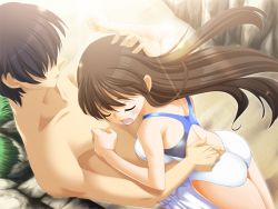 Rule 34 | 1boy, 1girl, ass, bare pectorals, beach, black hair, blush, breasts, brown hair, clenched hands, closed eyes, competition swimsuit, dutch angle, from above, game cg, grass, hand on another&#039;s head, hetero, hug, koi to mizugi to taiyo to, large breasts, long hair, maejima aya, male swimwear, one-piece swimsuit, open mouth, outdoors, pectorals, rock, sand, short hair, sunlight, swim trunks, swimsuit, white male swimwear, white one-piece swimsuit, white swim trunks