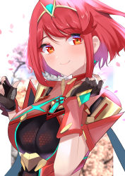 Rule 34 | 1girl, black gloves, breasts, chest jewel, earrings, fingerless gloves, gem, gloves, headpiece, highres, jewelry, kyaro (wanu 14), large breasts, pyra (xenoblade), red eyes, red hair, red shorts, short hair, short shorts, shorts, solo, swept bangs, tiara, xenoblade chronicles (series), xenoblade chronicles 2