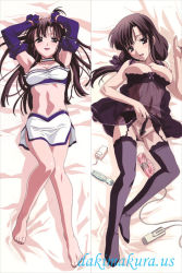 Rule 34 | 1girl, arms up, bare shoulders, barefoot, black eyes, black hair, blush, breasts, cleavage, collar, dakimakura (medium), garter belt, hair ribbon, large breasts, lingerie, long hair, mature female, navel, nipples, official art, open mouth, pubic hair, purple thighhighs, ribbon, saionji youko, school days, sex toy, thighhighs, topless, underwear, vibrator, waitress