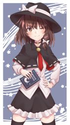 Rule 34 | 1girl, ;), absurdres, black capelet, black choker, black hat, black skirt, black thighhighs, blue background, blush, border, bow, brooch, brown eyes, brown hair, capelet, choker, commentary, cowboy shot, crescent, fedora, hair between eyes, hair bow, hand on own hip, hat, hat bow, highres, holding, jewelry, long sleeves, looking at viewer, miniskirt, necktie, one eye closed, outside border, petticoat, ramie (ramie541), red necktie, shirt, short hair, skirt, smile, solo, standing, star (symbol), thighhighs, touhou, usami renko, white border, white bow, white shirt, zettai ryouiki