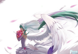 Rule 34 | 1girl, absurdly long hair, absurdres, bad id, bad pixiv id, bouquet, bridal veil, carrying, character name, commentary request, dress, elbow gloves, feathered wings, feathers, flower, gloves, green hair, hatsune miku, highres, long hair, solo, sugar sound, translation request, twintails, veil, very long hair, vocaloid, wedding dress, white dress, white gloves, white wings, wind, wings