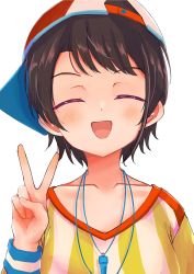 Rule 34 | 1girl, baseball cap, black hair, blush, closed eyes, collarbone, commentary, hanuke, hat, highres, hololive, looking at viewer, oozora subaru, oozora subaru (1st costume), open mouth, shirt, short hair, sideways hat, simple background, smile, solo, striped clothes, striped shirt, upper body, v, vertical-striped clothes, vertical-striped shirt, virtual youtuber, whistle, whistle around neck, white background, wristband, yellow shirt