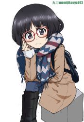 Rule 34 | 1girl, artist name, backpack, bag, bespectacled, black eyes, black footwear, black hair, blue pants, blunt bangs, blush, bob cut, boots, brown coat, closed mouth, coat, commentary request, crossed legs, denim, elbow rest, fringe trim, frown, girls und panzer, glasses, head rest, jeans, kayabakoro, knee boots, light blush, long sleeves, looking at viewer, multicolored clothes, multicolored scarf, one-hour drawing challenge, pants, partial commentary, red-framed eyewear, scarf, shirt, short hair, simple background, sitting, sketch, solo, sono midoriko, twitter username, v-shaped eyebrows, white background, white shirt, winter clothes