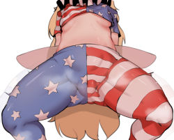 Rule 34 | 1girl, afterimage, american flag, american flag legwear, american flag shirt, arms behind back, bad id, bad pixiv id, blonde hair, breasts, clownpiece, crop top, cropped shirt, crotch, crotch seam, fairy wings, head out of frame, highres, leaning back, leggings, long hair, motion lines, pantyhose, petite, shiny clothes, short sleeves, simple background, small breasts, solo, soya6479, spread legs, star (symbol), star print, stomach, thighs, touhou, transparent wings, underboob, very long hair, white background, wings