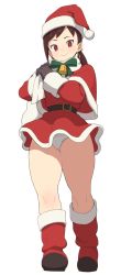 Rule 34 | 1girl, accio, ass, bad id, bad tumblr id, bag, bell, boots, brown hair, dress, gloves, highres, las vegas (accho), original, over shoulder, red eyes, sack, santa costume, short dress, smile, solo, thick thighs, thighs, twintails