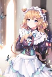 Rule 34 | 1girl, animal, animal ears, apron, backlighting, black gloves, black shirt, blonde hair, blue eyes, blurry, blurry background, blush, bug, butterfly, closed mouth, commentary request, deer ears, depth of field, door, eli conifer, glint, gloves, hair ornament, hair ribbon, highres, holding, holding tray, indoors, insect, lens flare, long hair, long sleeves, low twintails, nijisanji, open door, petals, pink ribbon, puffy long sleeves, puffy sleeves, ribbon, shirt, smile, solo, tray, twintails, very long hair, virtual youtuber, waist apron, white apron, xes (xes 5377)