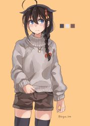 Rule 34 | 1girl, ahoge, alternate costume, black hair, black thighhighs, blue eyes, braid, brown shorts, color guide, commentary request, cowboy shot, grey sweater, hair flaps, hair ornament, hair over shoulder, highres, kantai collection, long hair, looking at viewer, orange background, shigure (kancolle), shigure kai ni (kancolle), shorts, single braid, solo, standing, sugue tettou, sweater, thighhighs