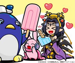 Rule 34 | !, 1girl, 2others, :3, animal ears, bandai, bird, blush stickers, breasts, chibi, cleavage, copyright name, cutemon, daipenmon, demon girl, demon horns, digimon, digimon (creature), food, hair ornament, happy, heart, holding, holding food, horns, ice cream, large breasts, lilithmon, looking at another, matching hair/eyes, medium hair, mole, mole under eye, multiple others, official art, open mouth, penguin, pink scarf, pointy ears, scarf, simple background, size difference, smile, tattoo, wide hips