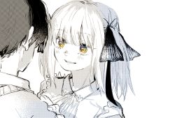 Rule 34 | 1boy, 1girl, asai (00:05), black hair, black ribbon, blunt bangs, blush, butterfly hair ornament, cardigan, eye contact, frilled shirt, frills, from behind, go-toubun no hanayome, hair ornament, hand on shoulder, looking at another, monochrome, multicolored eyes, nakano nino, raised eyebrows, ribbon, shirt, simple background, smile, sparkling eyes, twintails, uesugi fuutarou, white background, white shirt