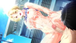 Rule 34 | 1girl, aftersex, blonde hair, blush, bottomless, breasts, breasts out, censored, clothes lift, cloud, cowgirl position, cum, cum on body, cum on breasts, cum on hair, cum on upper body, day, facial, from below, game cg, girl on top, groin, high ponytail, kaneshiro wataru, large breasts, legs, long hair, lying, mosaic censoring, nipples, no panties, open mouth, original, outdoors, penis, ponytail, pussy, red eyes, shirt lift, sky, sleeveless, smile, soku iki bishonure athlete!, solo focus, straddling, sunlight, thighs