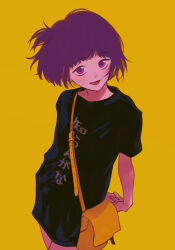 Rule 34 | 1girl, arms behind back, bag, black shirt, commentary request, cowboy shot, dosukoi! (napoli no otokotachi), floating hair, interlocked fingers, looking at viewer, napoli no otokotachi, no pants, one side up, open mouth, own hands together, print shirt, purple eyes, purple hair, shirt, short hair, short sleeves, shoulder bag, simple background, smile, solo, stretching, text print, translation request, urisaki ran, yellow background, yoshino (540desu)