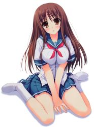Rule 34 | 1girl, :o, blush, breasts, breasts squeezed together, brown hair, head tilt, highres, kneeling, large breasts, long hair, looking at viewer, no shoes, school uniform, serafuku, simple background, sitting, socks, solo, tomose shunsaku, v arms, wariza, white socks, yellow eyes