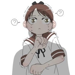 Rule 34 | 1girl, 1other, ?, brown eyes, brown hair, brown sailor collar, crying, crying with eyes open, kantai collection, ponytail, sailor collar, school uniform, serafuku, shadow, shikinami (kancolle), shirt, short hair, simple background, speech bubble, tears, tsubutarou, upper body, white background, white shirt
