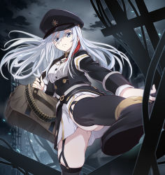 Rule 34 | 1girl, 86 -eightysix-, ammunition belt, bag, black footwear, black jacket, black thighhighs, blue eyes, blue sky, boots, breasts, closed mouth, eyebrows hidden by hair, floating hair, garter straps, gluteal fold, hair between eyes, hat, highres, holding strap, jacket, light particles, long hair, medium breasts, military, military hat, military uniform, multicolored hair, night, night sky, nyoro (nyoronyoro000), red hair, serious, sidelocks, silver hair, skindentation, skirt, sky, solo, streaked hair, thighhighs, uniform, upskirt, very long hair, vladilena millize, white skirt