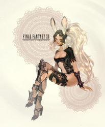 Rule 34 | 00s, 1girl, animal ears, armor, breasts, rabbit ears, cleavage, copyright name, dark skin, dark-skinned female, doily, final fantasy, final fantasy xii, fran (ff12), high heels, j (onose1213), crossed legs, long hair, ponytail, revealing clothes, shoes, sitting, solo, viera, white hair