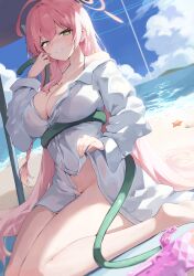 Rule 34 | 1girl, absurdres, ahoge, beach, beach umbrella, bikini, blue archive, blue sky, bow, breasts, cleavage, clothes lift, day, dutch angle, green eyes, halo, halterneck, hanako (blue archive), hanako (swimsuit) (blue archive), highres, holding, holding hose, hose, large breasts, lifting own clothes, long hair, long sleeves, looking at viewer, ocean, off shoulder, official alternate costume, outdoors, oversized clothes, oversized shirt, parted lips, pink bikini, pink hair, pink halo, same (samefgo), see-through, see-through shirt, shirt, shirt lift, sitting, sky, smile, solo, starfish, swimsuit, teasing, thighs, umbrella, wariza, white bow, white shirt
